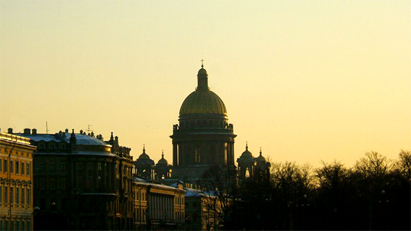 Sunset at St. Peterburg. Dome of St. Isaak Cathedral.