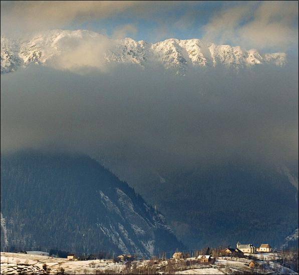landscape with a church and  mountins