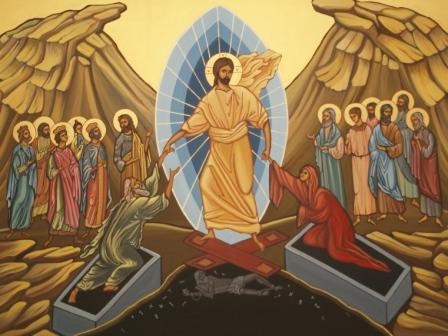 Christ is risen from the grave, trampling down death by death