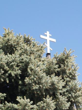 A Russian Orthodox Cross and a Colorado Blue Spruce