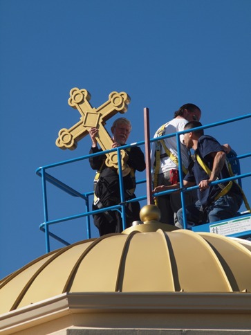 Fr David Blesses the Cross for the St Luke Tower and places it on its permanent support