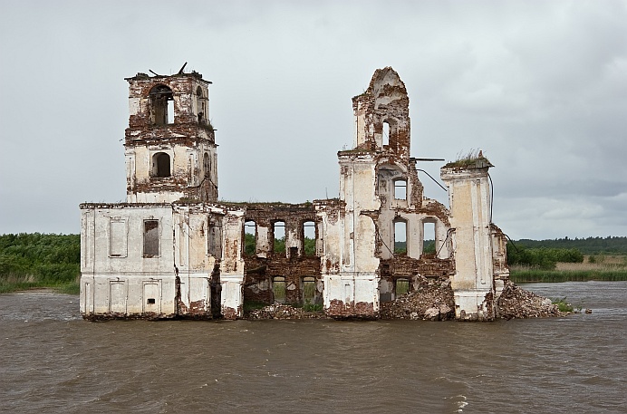 Abandoned and drowned Nativity of Christ church in former Krohino village