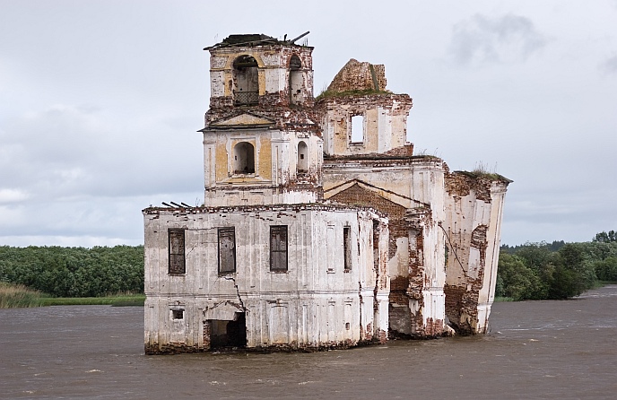 Abandoned and drowned Nativity of Christ church in former Krohino village