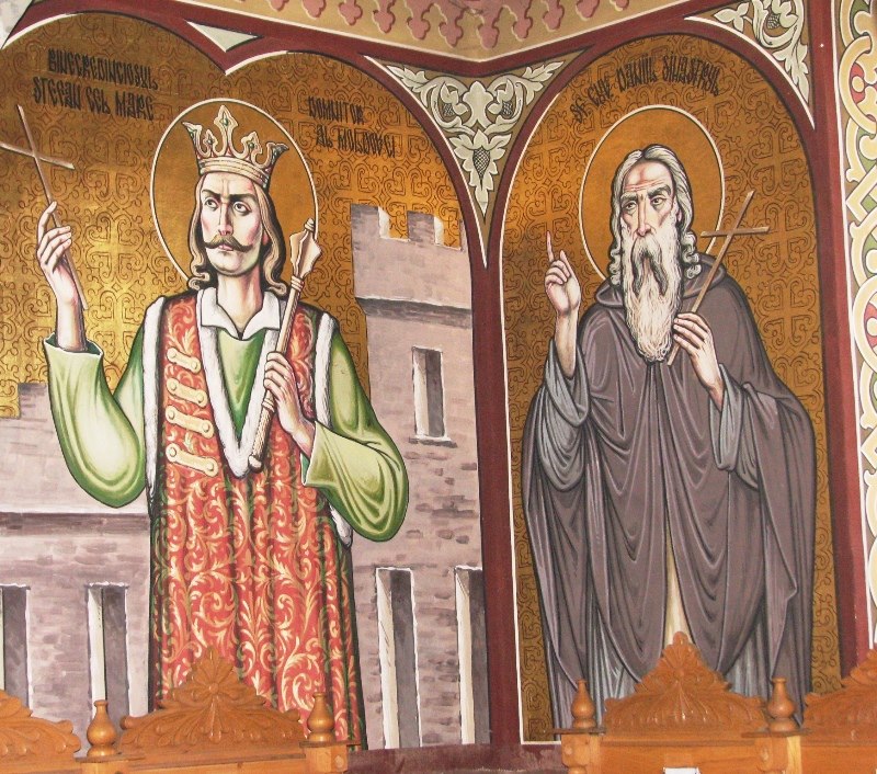 Sfintii Stefan Voda cel Mare si Sfant si Cuviosul Daniil Sihastrul, in pronaosul bisericii din Petre