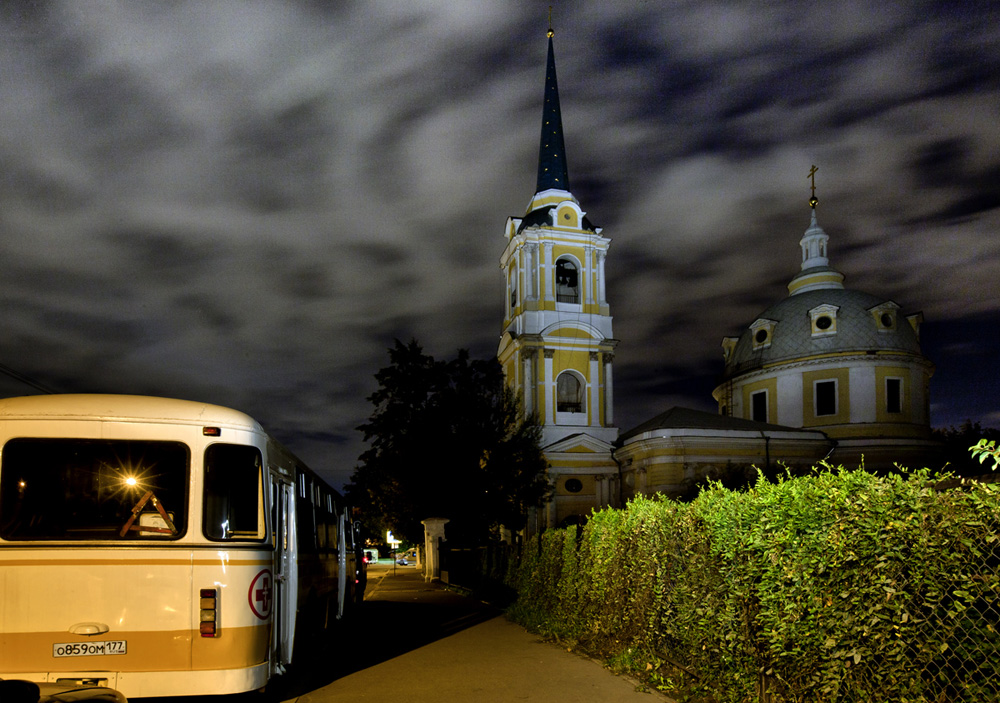 Landscape in Moscow with bus and church