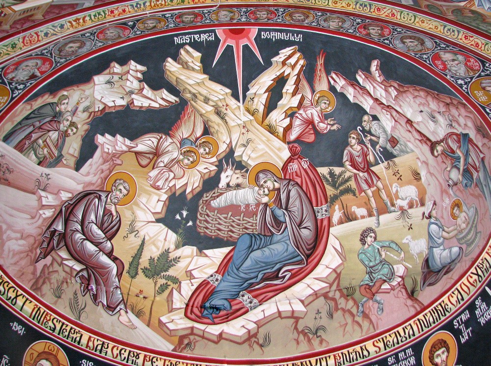 Nașterea Domnului, frescă din biserica nouă a mănăstirii Peștera Sfântului Andrei - Dobrogea