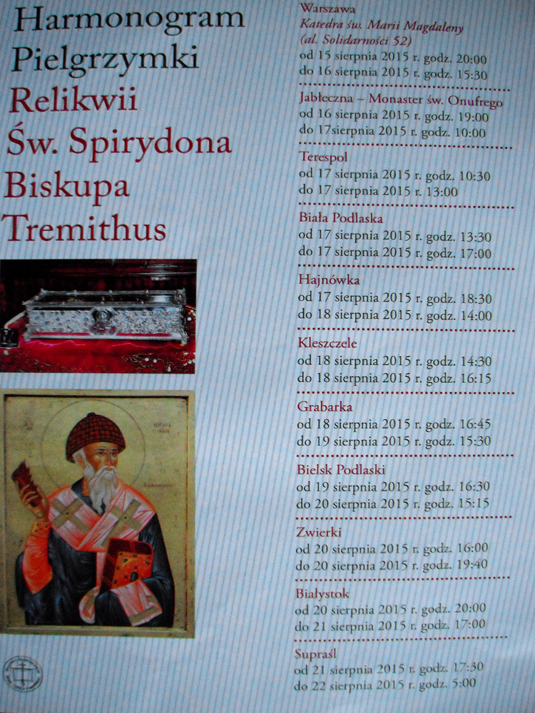 Harmonogram pielgrzymki relikwii Św.Spirydona po polsce.
