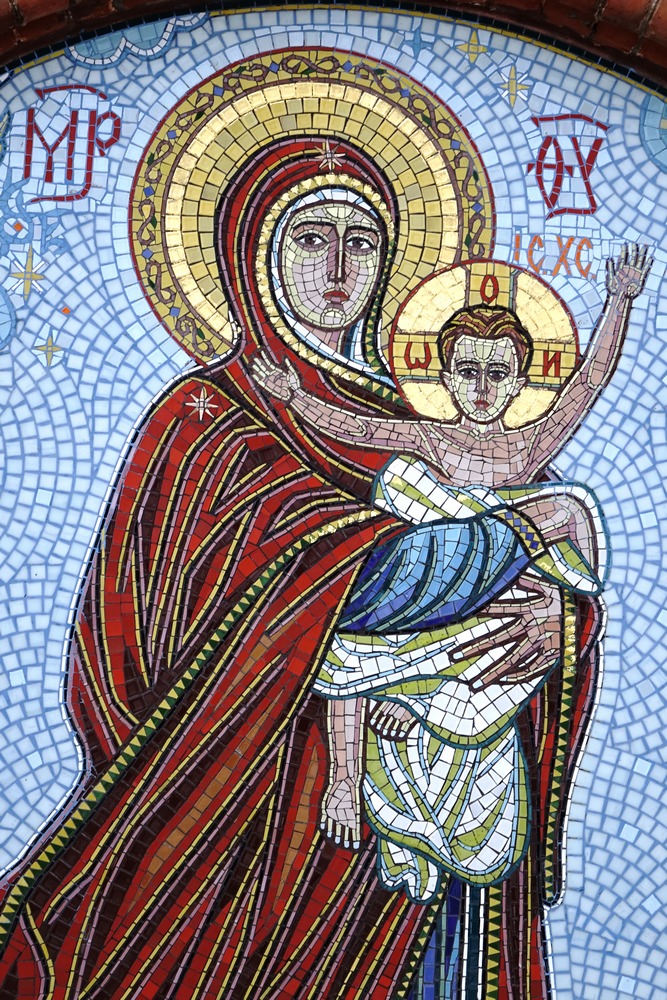 A mosaic icon on th ewall of Dormation Orthodox church in Białystok