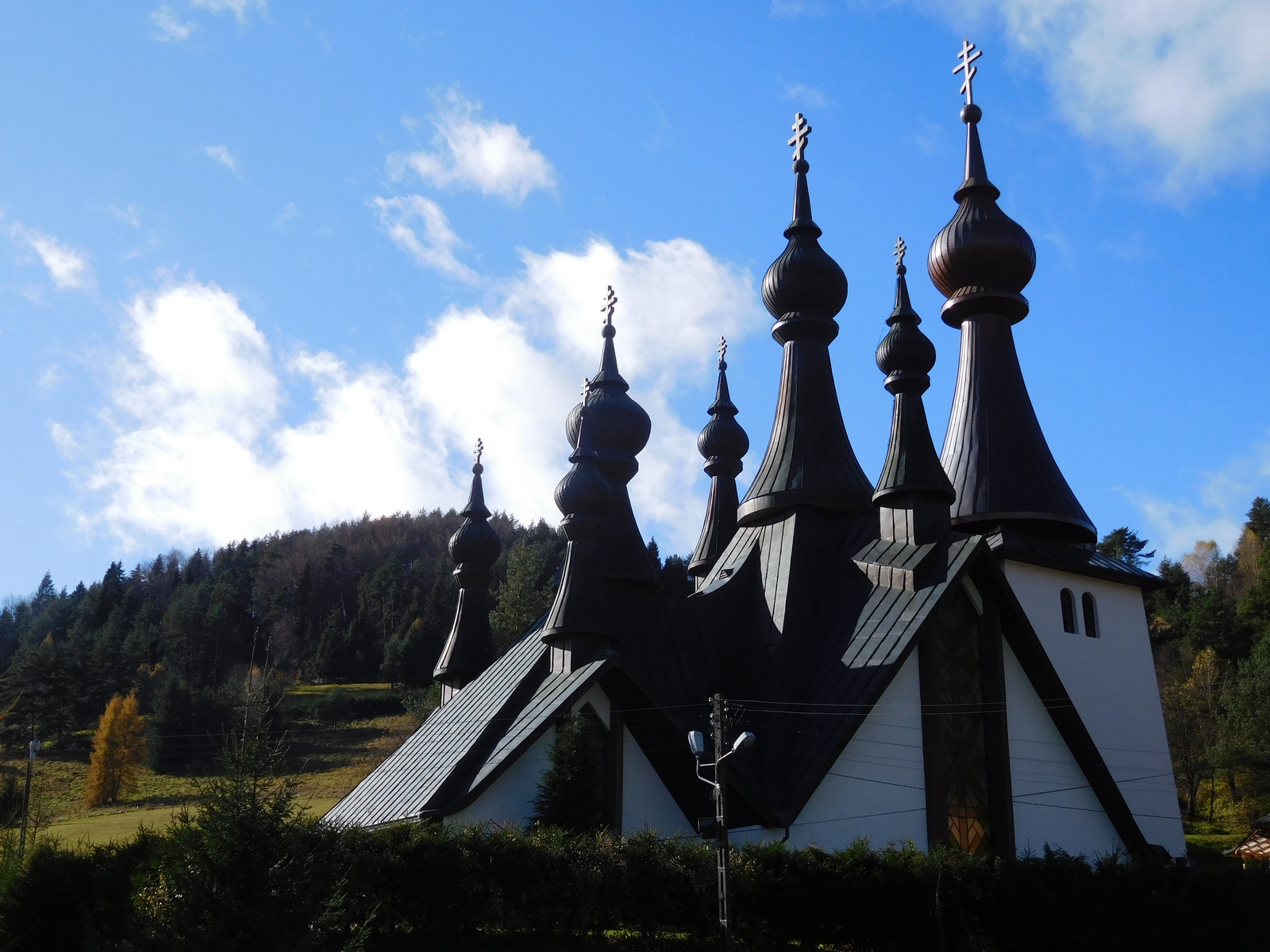 The autumn in Polish mountains. The Orthodox church in Krynica-Zdrój 