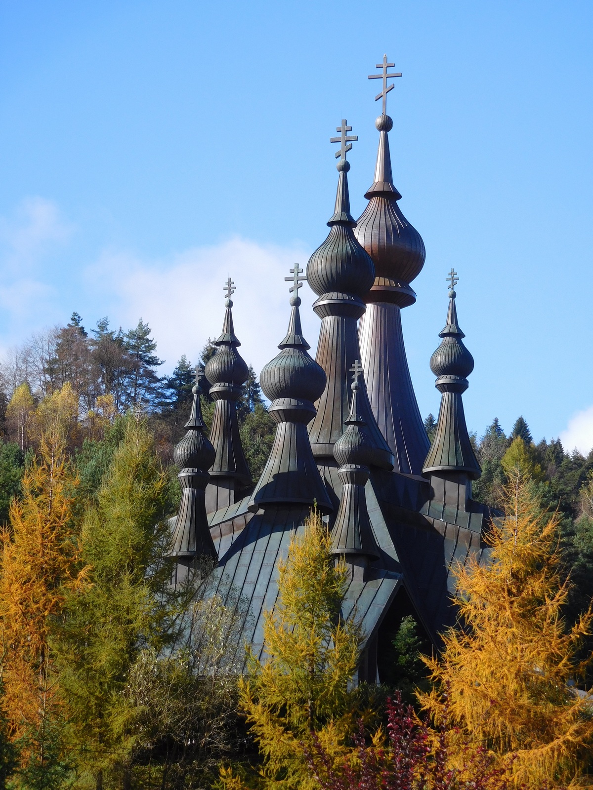 The autumn in Polish mountains. The Orthodox church in Krynica-Zdrój 