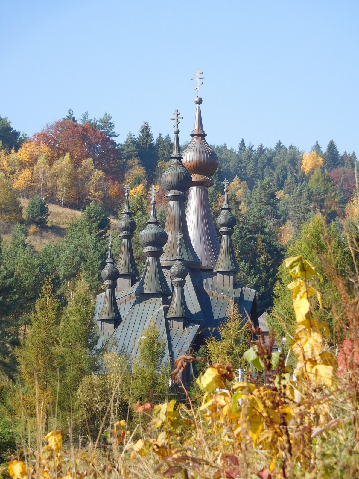 The autumn in Polish mountains. The Orthodox church in Krynica-Zdrój 