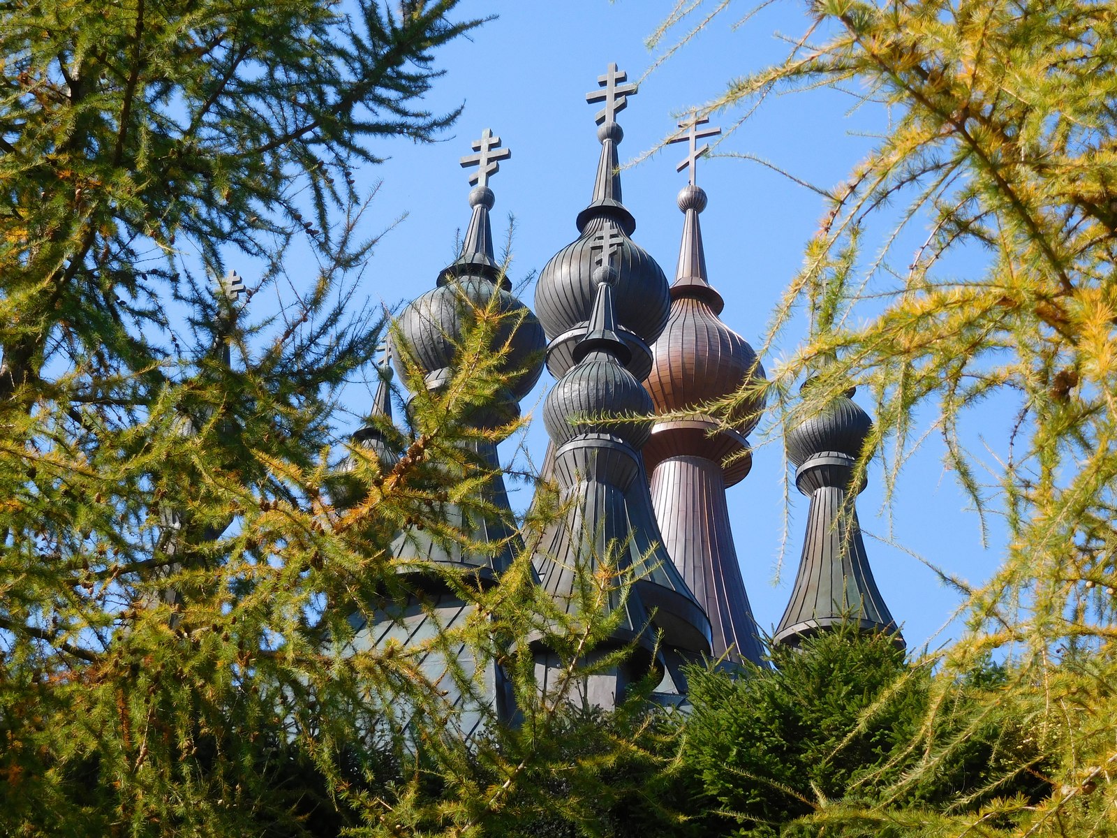 The autumn in Polish mountains. The Orthodox church in Krynica-Zdrój 