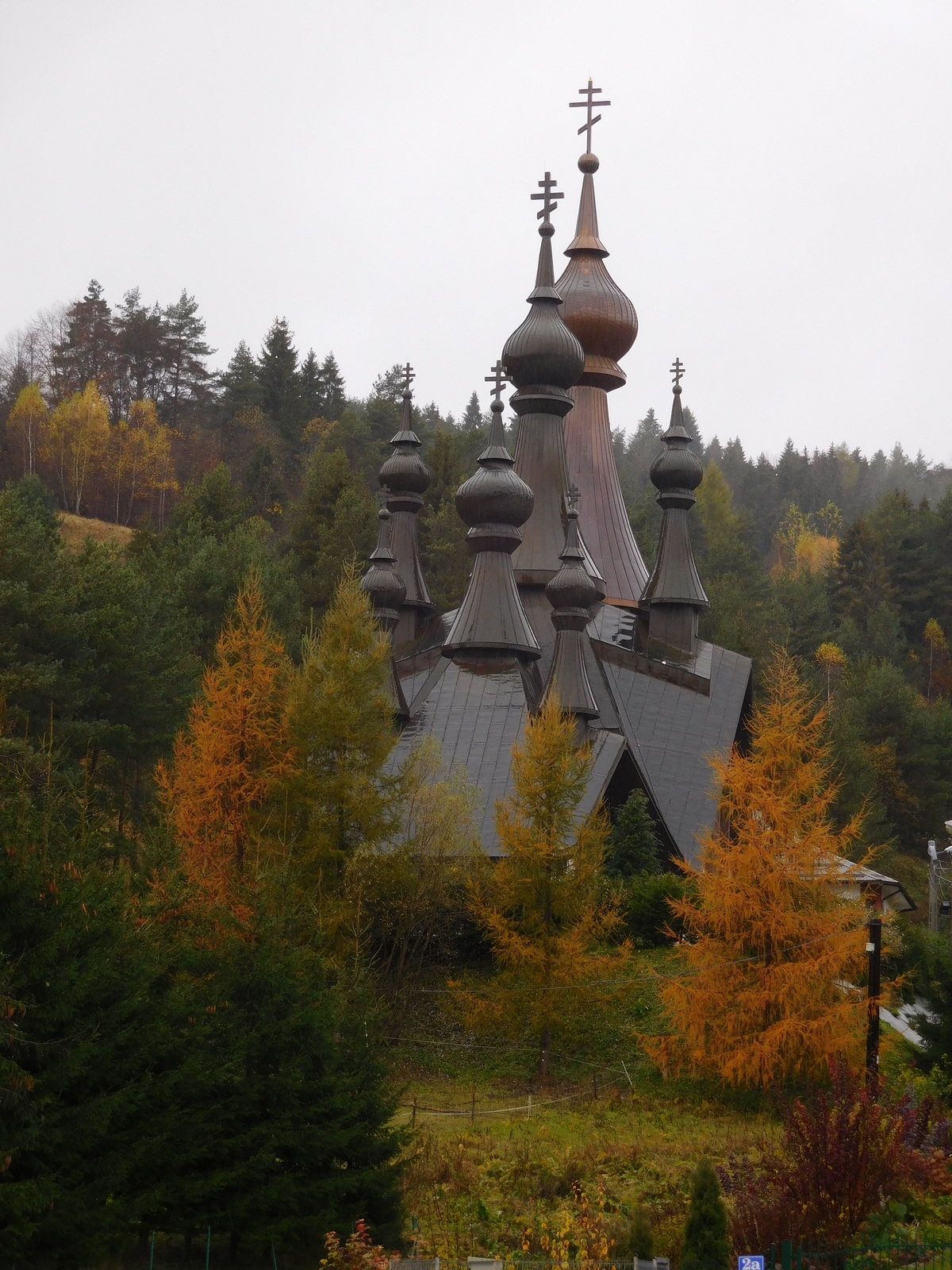 The autumn in Polish mountains. The Orthodox church in Krynica-Zdrój 