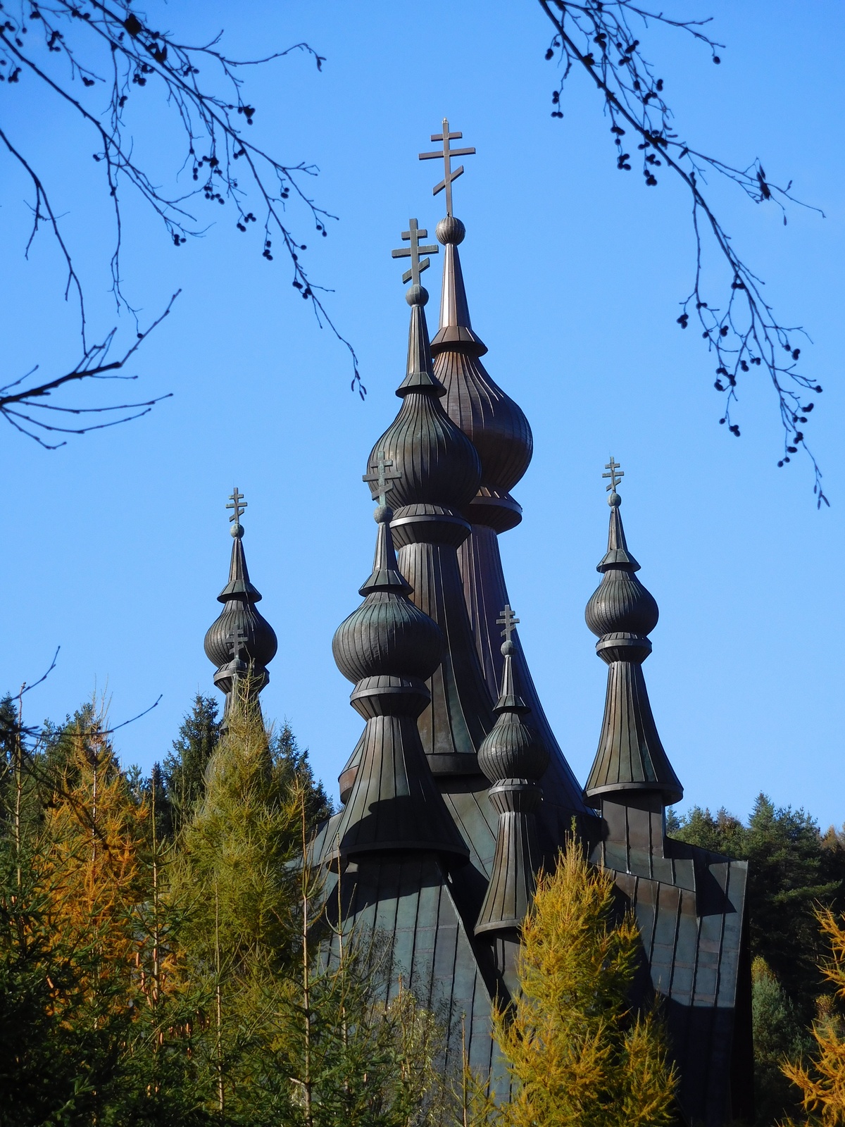 The autumn in Polish mountains. The Orthodox church in Krynica-Zdrój 