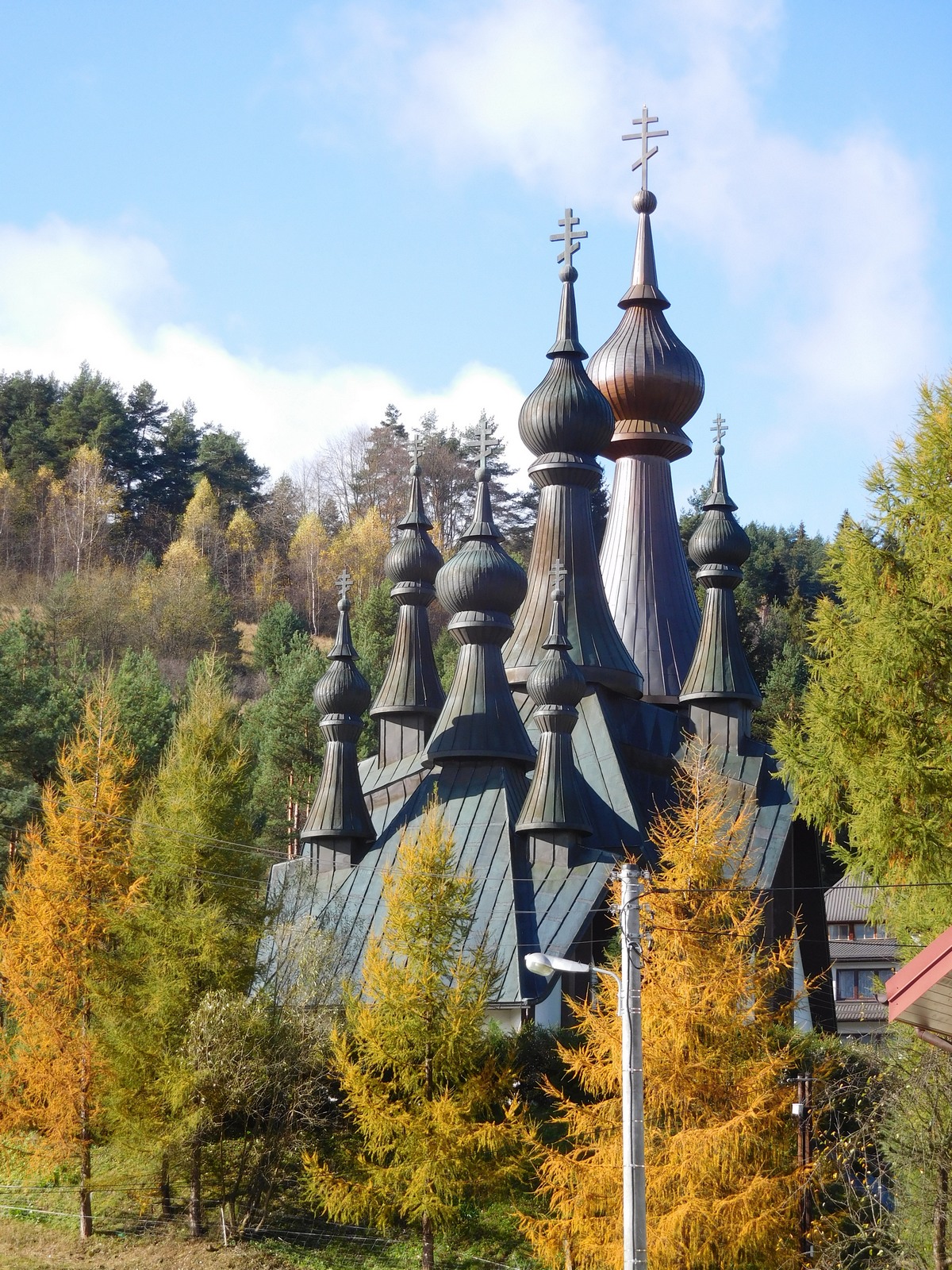 The autumn in Polish mountains. The Orthodox church in Krynica-Zdrój 