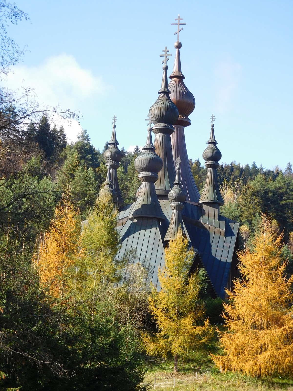 The autumn in Polish mountains. The Orthodox church in Krynica-Zdrój 
