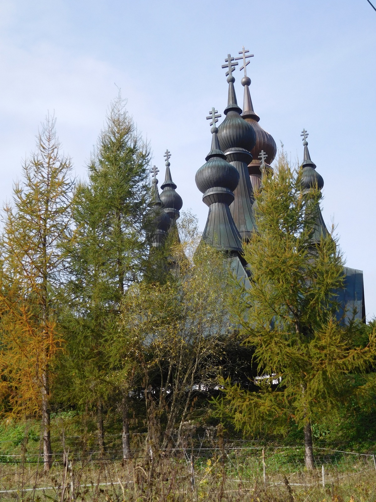 The autumn in Polish mountains. The Orthodox church in Krynica-Zdrój 