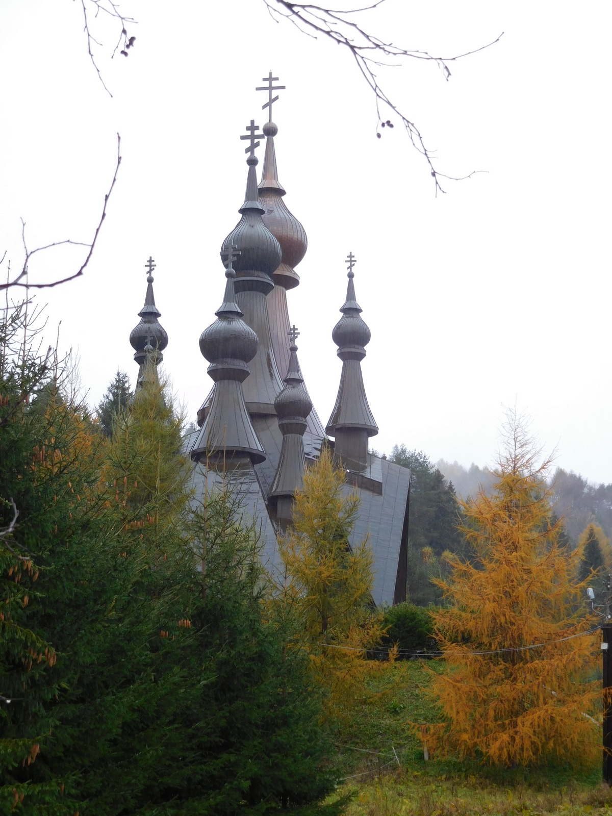 The autumn in Polish mountains. The Orthodox church in Krynica-Zdrój 