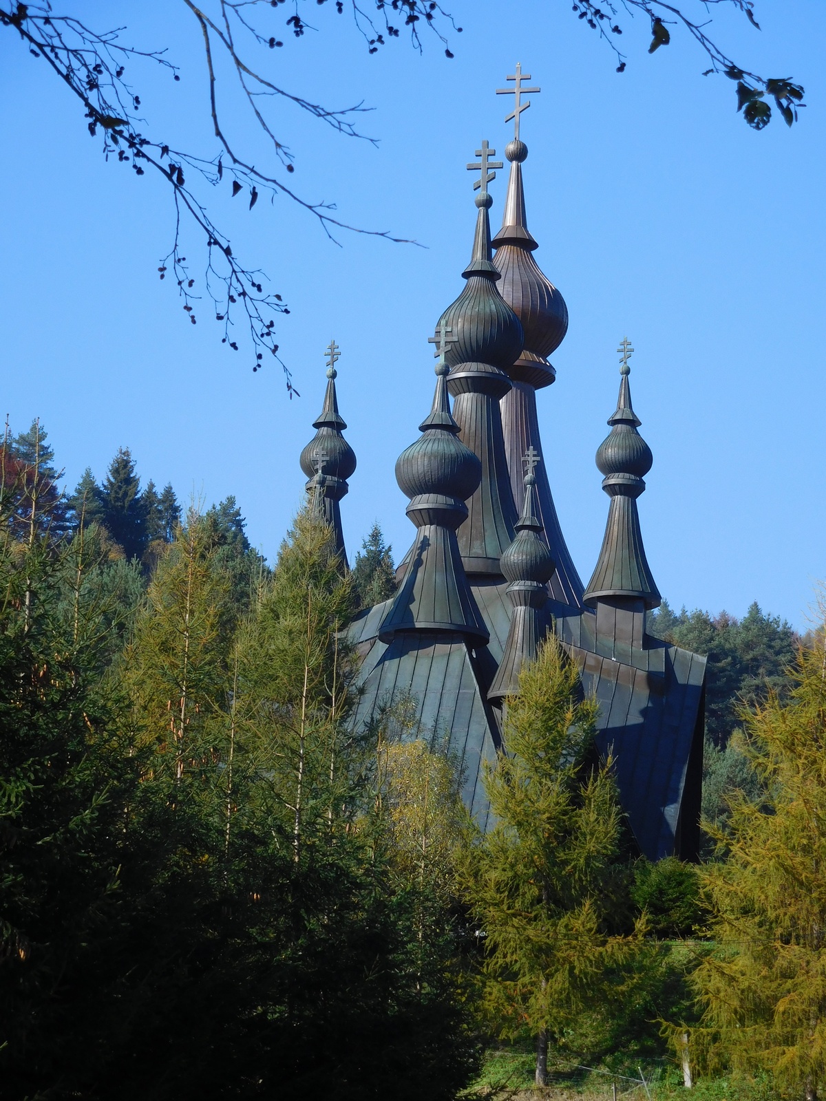 The autumn in Polish mountains. The Orthodox church in Krynica-Zdrój 