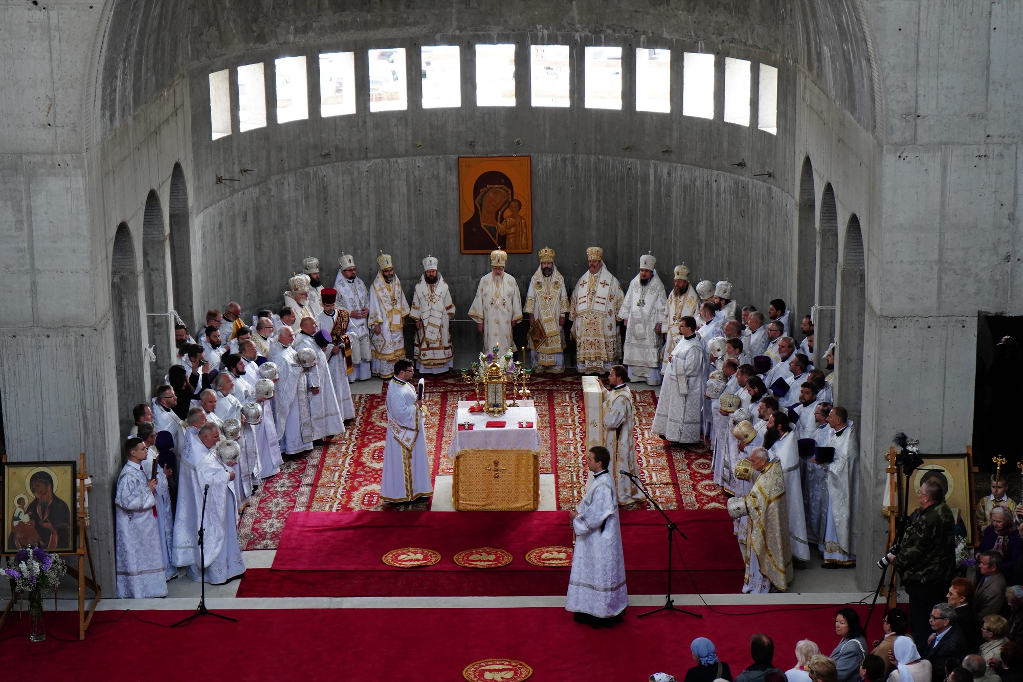 Blessing and elevation of main cross on the roof of Hagia Sophia Orthodox church in Warsaw