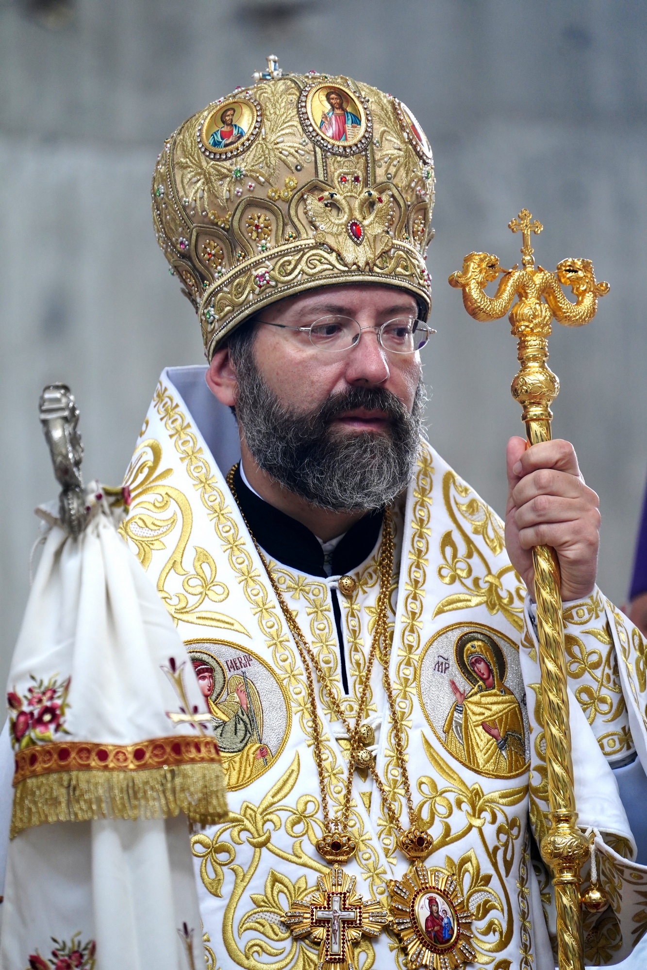 Blessing and elevation of main cross on the roof of Hagia Sophia Orthodox church in Warsaw