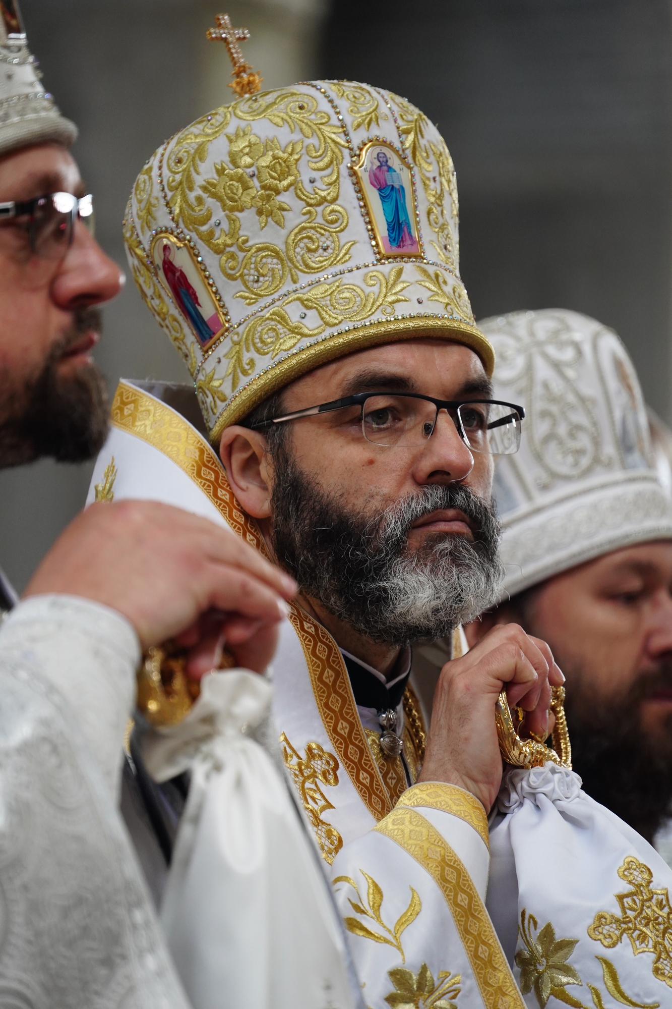 Blessing and elevation of main cross on the roof of Hagia Sophia Orthodox church in Warsaw