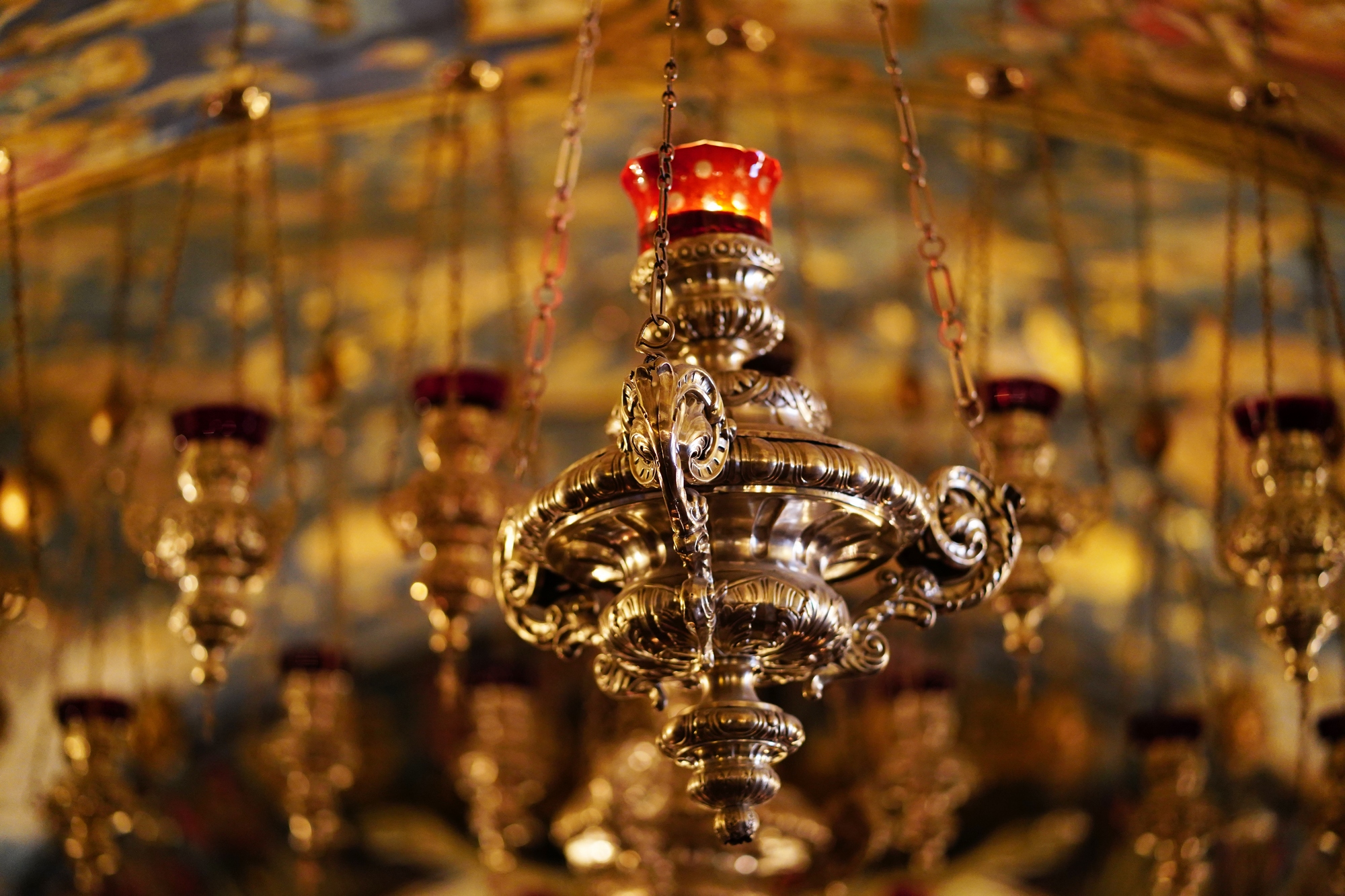 Jerusalem. Cathedral of Ressurection. An olive lapm over Golgotha. 