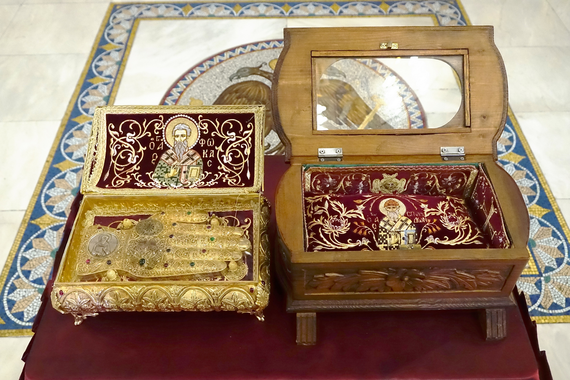 Relics of Sts. Fikas and Spiridon in Chriselousa Icon the Mother of God Orthodox church in Athieno