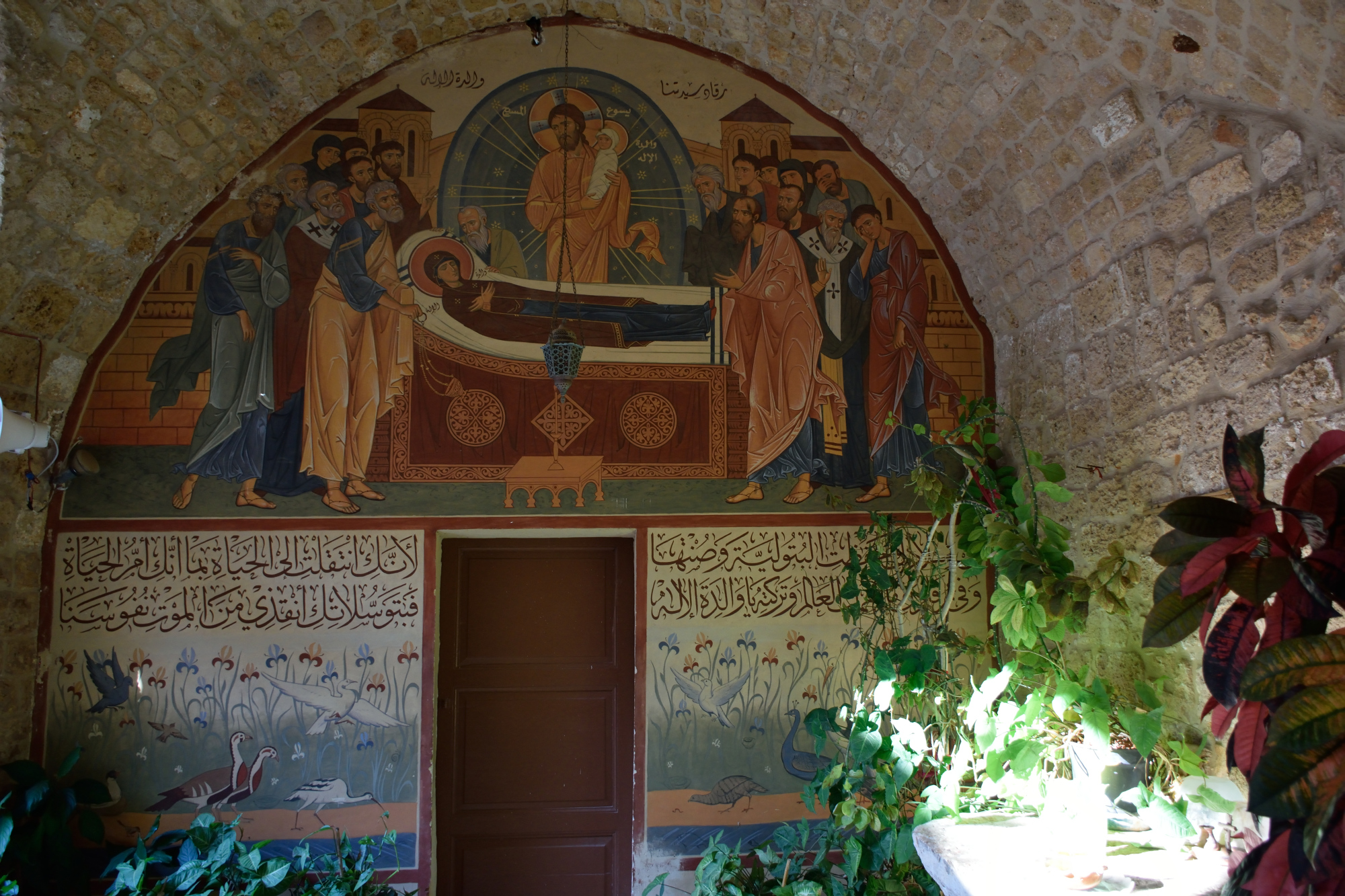Dormition of the Theotokos fresco in monastery An-Natour