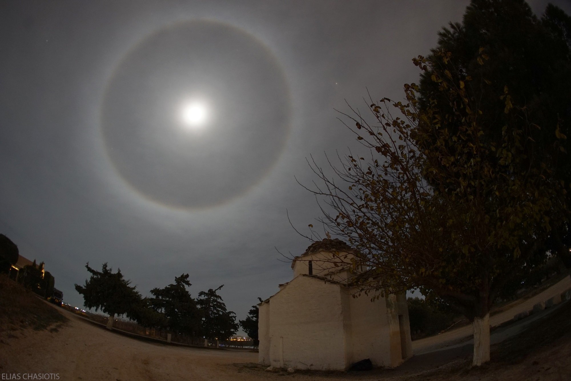 Lunar hallo over ancient chapel. 