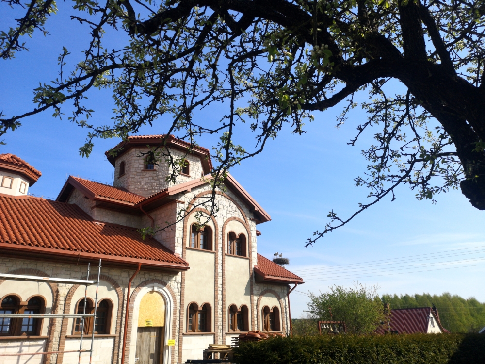Zaleszany - bociany, kwitnące drzewo, budowana cerkiew 2023