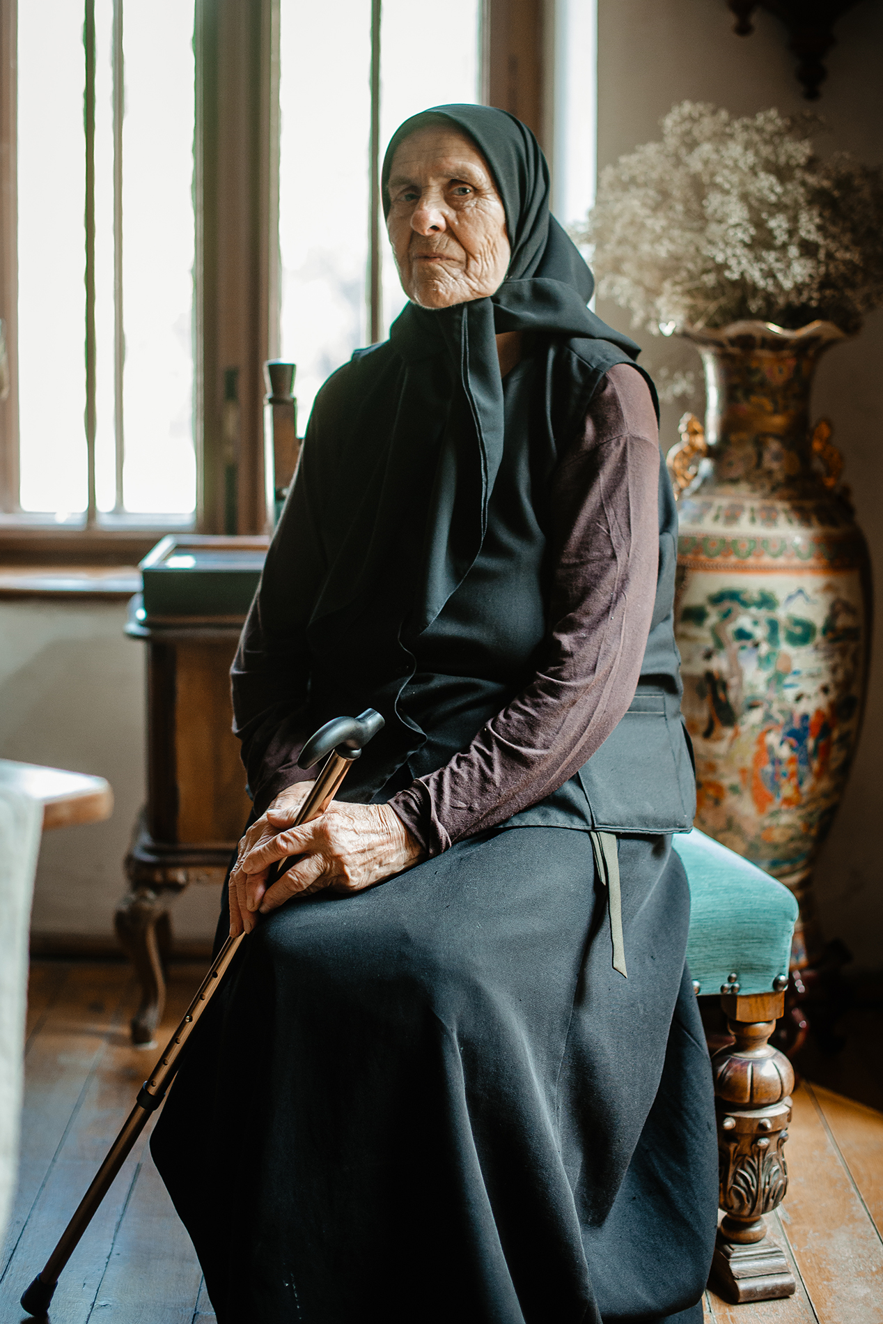 Nun Apolinaria, 91 years old. Returnig after 70 years to her first monastary. Miclauseni Monastary.