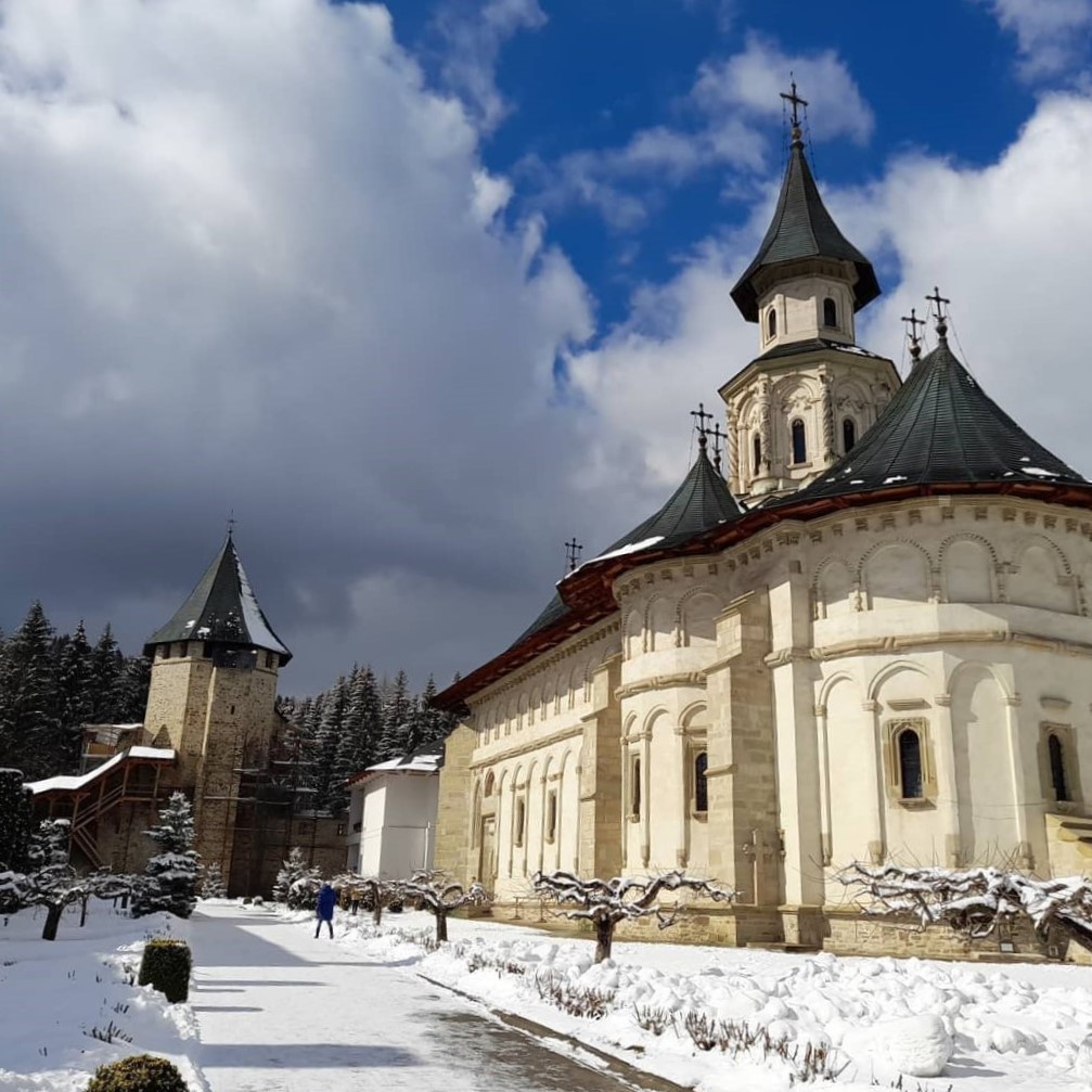 Putna Monastery covered in snow