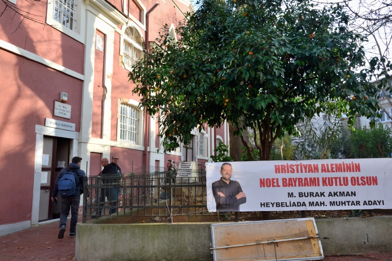 Christmas greetings next to st. Nicholas church, Chalki, December 2023