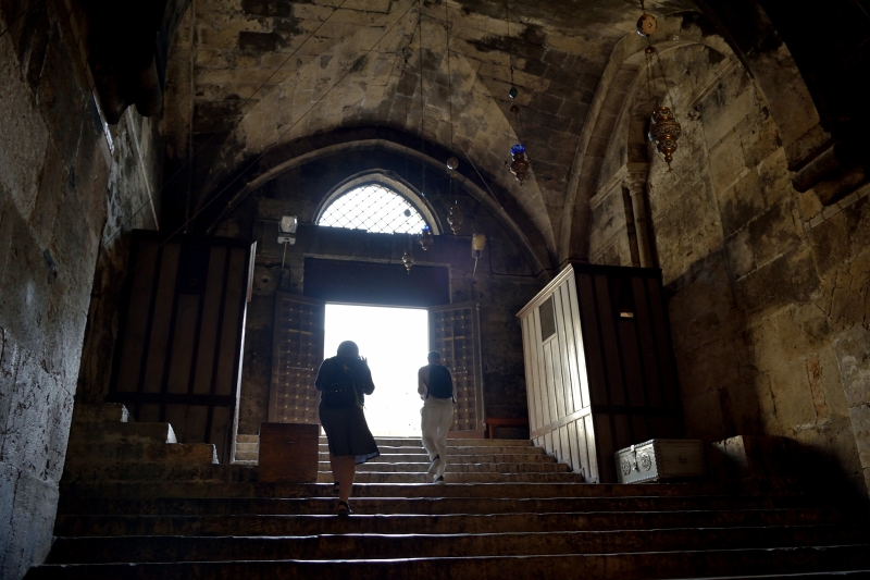 Stairs and doors of the Theotokos Dormition church in Jerusalem, 2023
